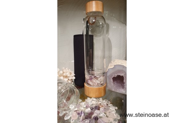 Glasflasche mit Amethyst + Rosenquarz + Bergkristall